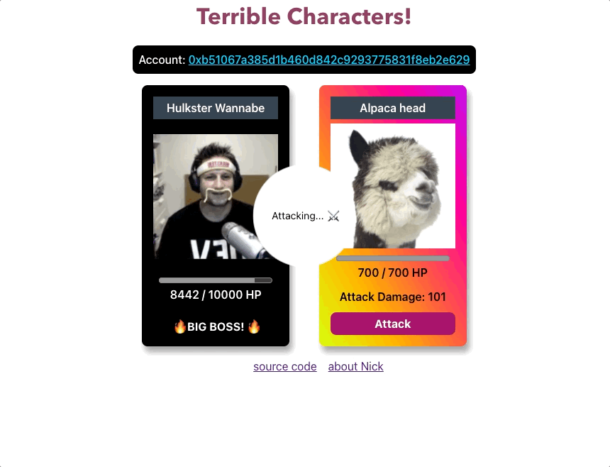 A player with a minted NFT attacking a big boss in Terrible Characters