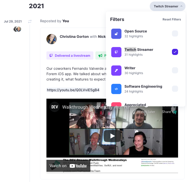 Polywork, filtering timeline with badge