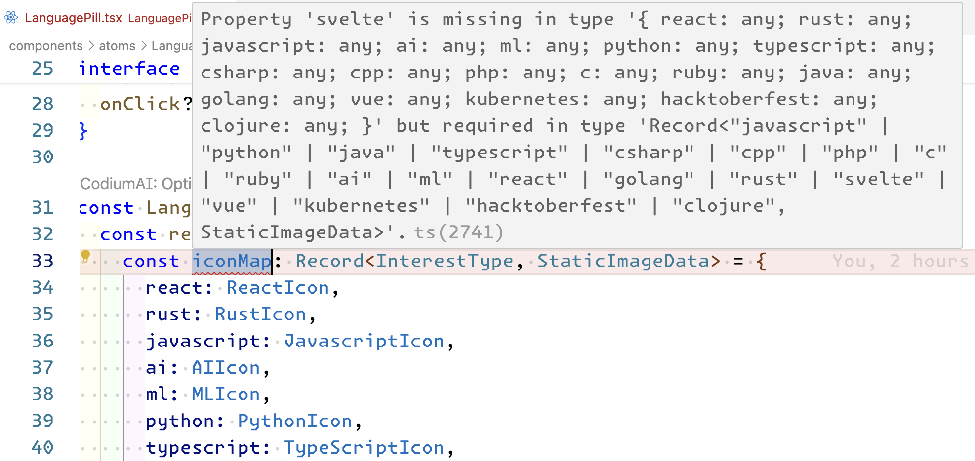 TypeScript complaining that the property 'svelte' is missing in type